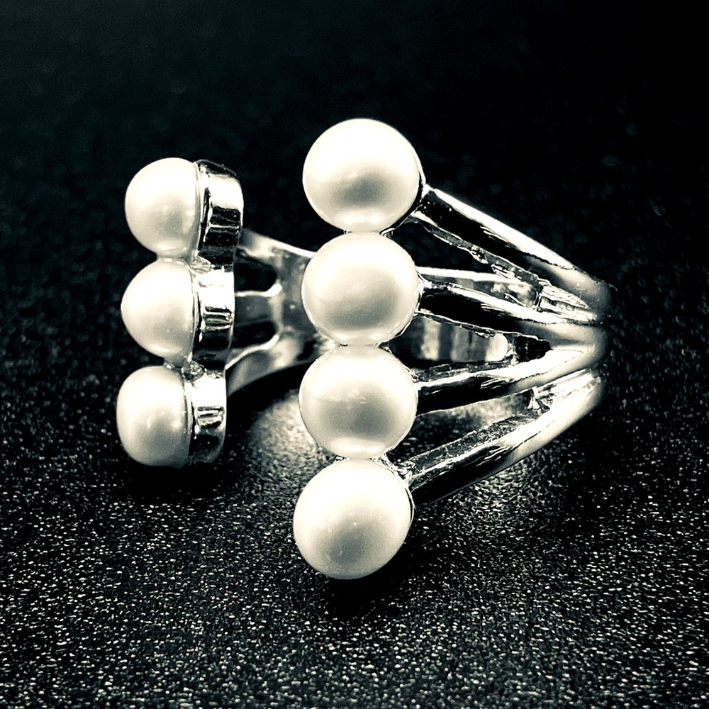Asymmetrical Freshwater Pearl Open Face Ring in Goldtone - June Birthstone Ring